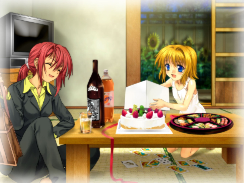 2girls air bag blonde_hair blue_eyes bottle cake card closed_eyes fang flower food fruit glass kamio_haruko kamio_misuzu key_(company) kneeling long_hair multiple_girls mutsuki_(moonknives) open_mouth pastry playing_card ponytail redhead sake_bottle sitting sliding_doors strawberry sunflower television wallpaper