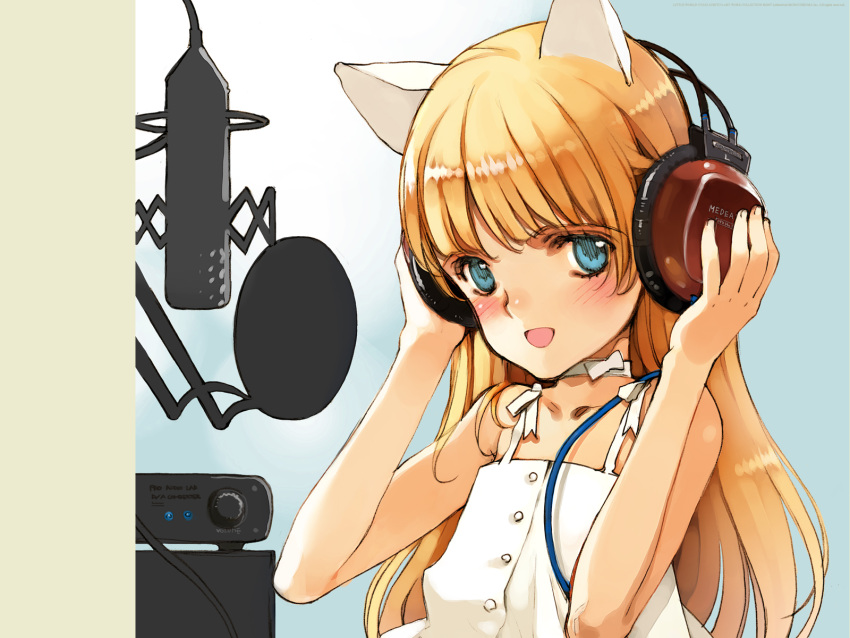 1girl :d amplifier animal_ears bangs blonde_hair blue_eyes blush bow buttons cable cat_ears child choker dress ema_(clovers) ema_(shirotsume_souwa) episode_of_the_clovers flat_chest hands_on_headphones headphones highres indoors littlewitch long_hair looking_at_viewer official_art ooyari_ashito open_mouth parted_bangs ribbon shirotsume_souwa smile solo sundress upper_body wallpaper