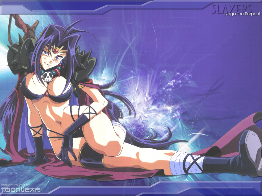 1girl 90s antenna_hair araizumi_rui arm_support armor bikini blue_eyes blue_hair blush boots breasts cape circlet cleavage gloves highres huge_breasts jewelry jpeg_artifacts large_breasts leg_up long_hair looking_at_viewer naga_the_serpent navel necklace skull slayers smile solo swimsuit thigh_strap very_long_hair watermark