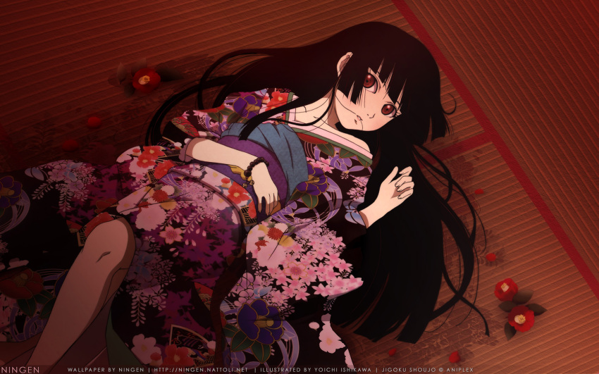 1girl bangs black_hair blunt_bangs enma_ai highres hime_cut japanese_clothes jigoku_shoujo kimono lying official_art solo wallpaper