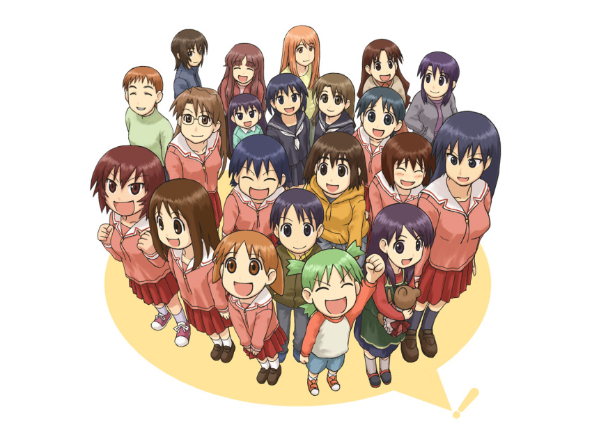 6+girls azumanga_daioh black_hair black_legwear blazer blue_eyes blue_hair blush braid brown_eyes brown_hair child closed_eyes contemporary creator_connection emoncake. everyone from_above full_body green_hair jacket kagura kagura_(azumanga_daiou) kaori_(azumanga_daiou) kasuga_ayumu kneehighs koiwai_yotsuba loafers long_sleeves mihama_chiyo mizuhara_koyomi multiple_girls pleated_skirt raglan_sleeves red_skirt sailor_collar sakaki school_uniform serafuku shirt shoes shorts simple_background skirt standing sweat sweater t-shirt takino_tomo tanizaki_yukari twin_braids white_background white_legwear yotsubato!