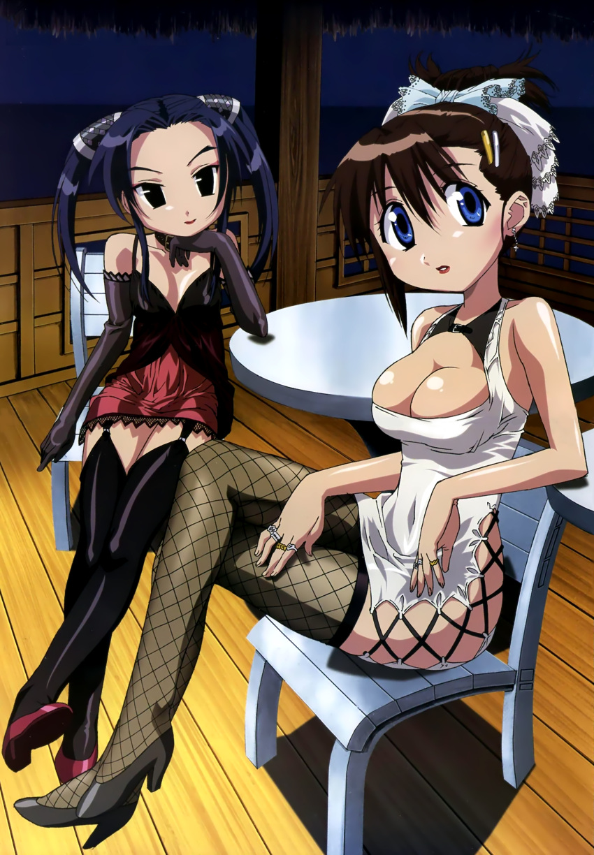 2girls absurdres alternate_hairstyle ayane_(nagasarete_airantou) black_hair black_legwear blue_eyes breasts chair chin_rest cleavage cleavage_cutout collar dress earrings elbow_gloves fishnet_legwear fishnets flat_chest garter_straps gloves hair_ornament hair_ribbon hair_up hairclip high_heels highres jewelry lace large_breasts legs_crossed lipstick makeup megami multiple_girls nagasarete_airantou night night_sky ribbon ring scan shoes short_dress sitting sky smile suzu_(nagasarete_airantou) table thigh-highs twintails zettai_ryouiki