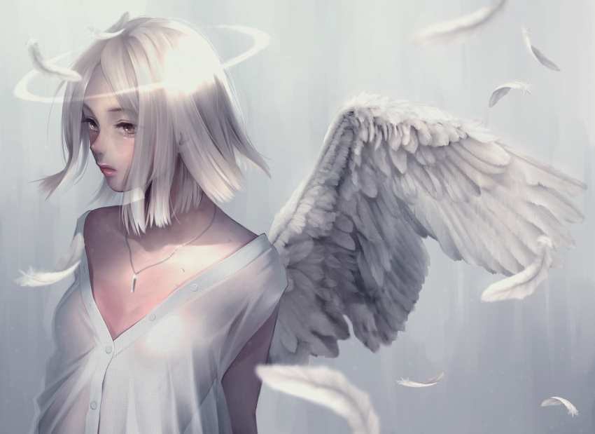 1girl angel angel_wings bare_shoulders breasts closed_mouth commentary_request feathers grey_background grey_eyes grey_theme halo highres jewelry kalua looking_away necklace off_shoulder original partially_unbuttoned pendant shirt short_hair silver_hair single_wing upper_body white_shirt wings