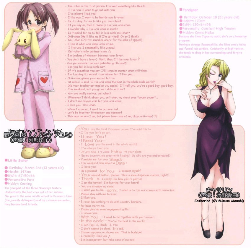 2girls animal_slippers blonde_hair blue_eyes blush breasts brown_eyes brown_hair cleavage dress hard_translated highres mousou_voice_cd multiple_girls nonomiya_ayumi one_eye_closed pajamas standing stats stuffed_animal stuffed_bunny stuffed_toy translated twintails wink