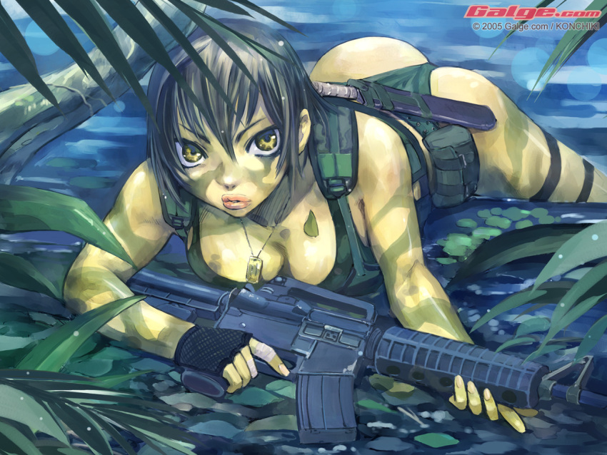 1girl assault_rifle bandage breasts camouflage cleavage commando dog_tags galge.com gloves gun jungle knife konchiki lips m-16 m4_carbine mud nature rifle solo thigh_strap wallpaper weapon yellow_eyes