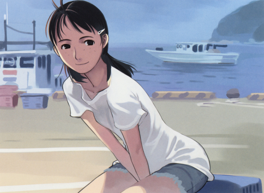 1girl between_legs black_hair boat brown_eyes crate denim freckles hair_ornament hairclip hand_between_legs highres jeans ocean pants shirt short_shorts shorts sitting smile solo takamichi white_shirt