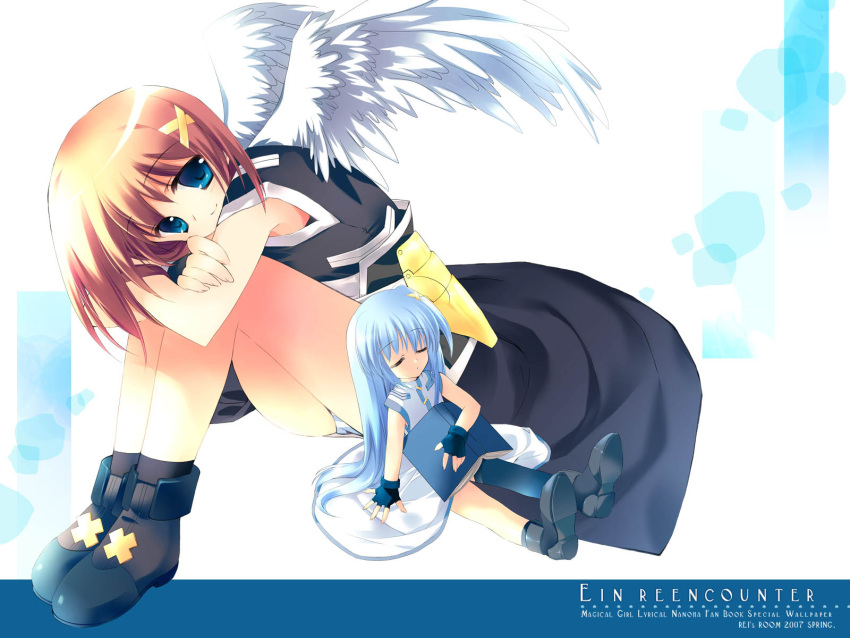 00s 2007 2girls blue_eyes closed_eyes hair_ornament highres lyrical_nanoha magical_girl mahou_shoujo_lyrical_nanoha mahou_shoujo_lyrical_nanoha_strikers minigirl multiple_girls rei_(artist) rei_(rei's_room) reinforce_zwei waist_cape wings x_hair_ornament yagami_hayate