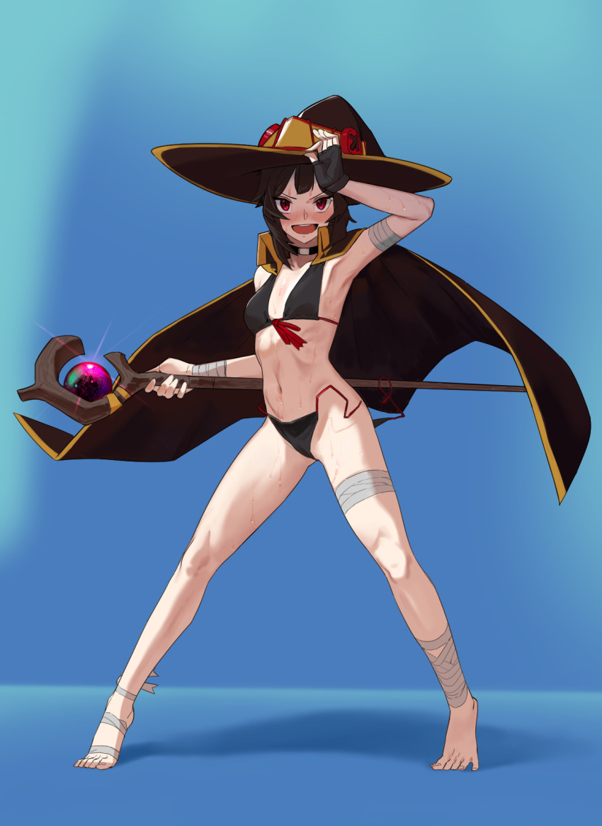 1girl arm_up armpits bandaged_arm bandaged_leg bandages barefoot bikini black_bikini black_cape black_choker black_gloves black_hair blush breasts cape choker fingerless_gloves front-tie_bikini front-tie_top full_body gloves hat high_collar highres hirundo_rustica holding holding_staff kono_subarashii_sekai_ni_shukufuku_wo! long_legs looking_at_viewer megumin navel petite pose red_eyes short_hair side-tie_bikini single_fingerless_glove small_breasts solo staff swimsuit tiptoes toes untied untied_bikini witch_hat