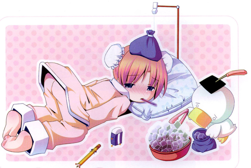 1girl ah-kun back bangs barefoot bird blush bun_cover double_bun duck eraser feet half-closed_eyes ice ice_bag moetan nijihara_ink oni-kun pajamas pen-kun penal pillow pop short_sleeves sick soles solo thermometer toes top-down_bottom-up