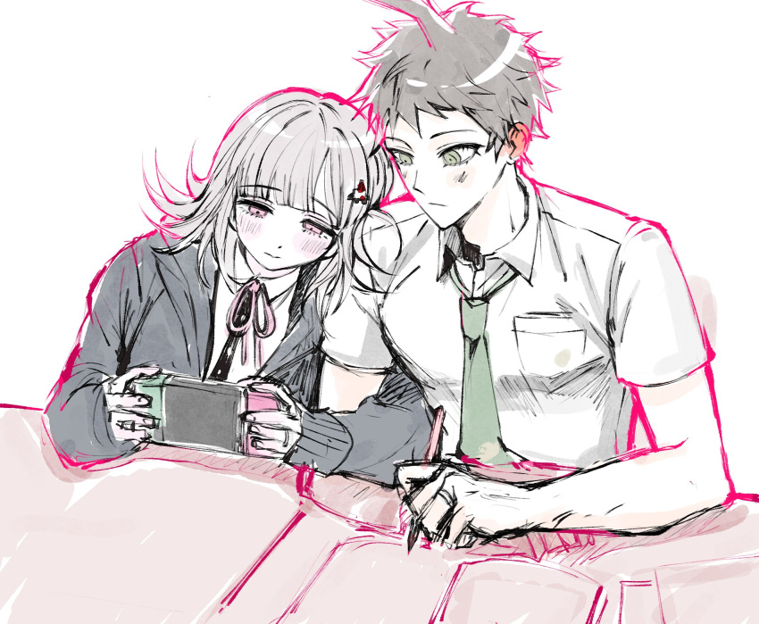 1boy 1girl ahoge bangs black_jacket black_shirt blunt_bangs blush breast_pocket closed_mouth collared_shirt couple dangan_ronpa_(series) dangan_ronpa_2:_goodbye_despair dress_shirt flipped_hair green_eyes green_neckwear hair_ornament hairclip handheld_game_console highres hinata_hajime holding holding_handheld_game_console holding_pen jacket leaning light_brown_hair long_sleeves looking_at_another nanami_chiaki neck_ribbon necktie nintendo_switch open_clothes open_jacket pen pink_eyes pink_ribbon playing_games pocket ribbon shirt short_hair short_sleeves sketch umsotasty upper_body white_shirt