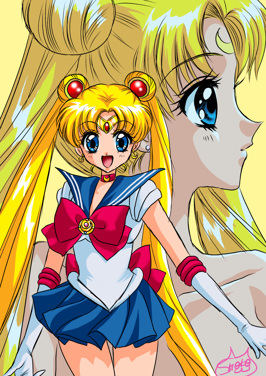 bishoujo_senshi_sailor_moon blonde_hair blue_eyes double_bun dual_persona elbow_gloves gloves highres long_hair magical_girl sailor_moon school_uniform shoko-tan tiara tsukino_usagi twintails