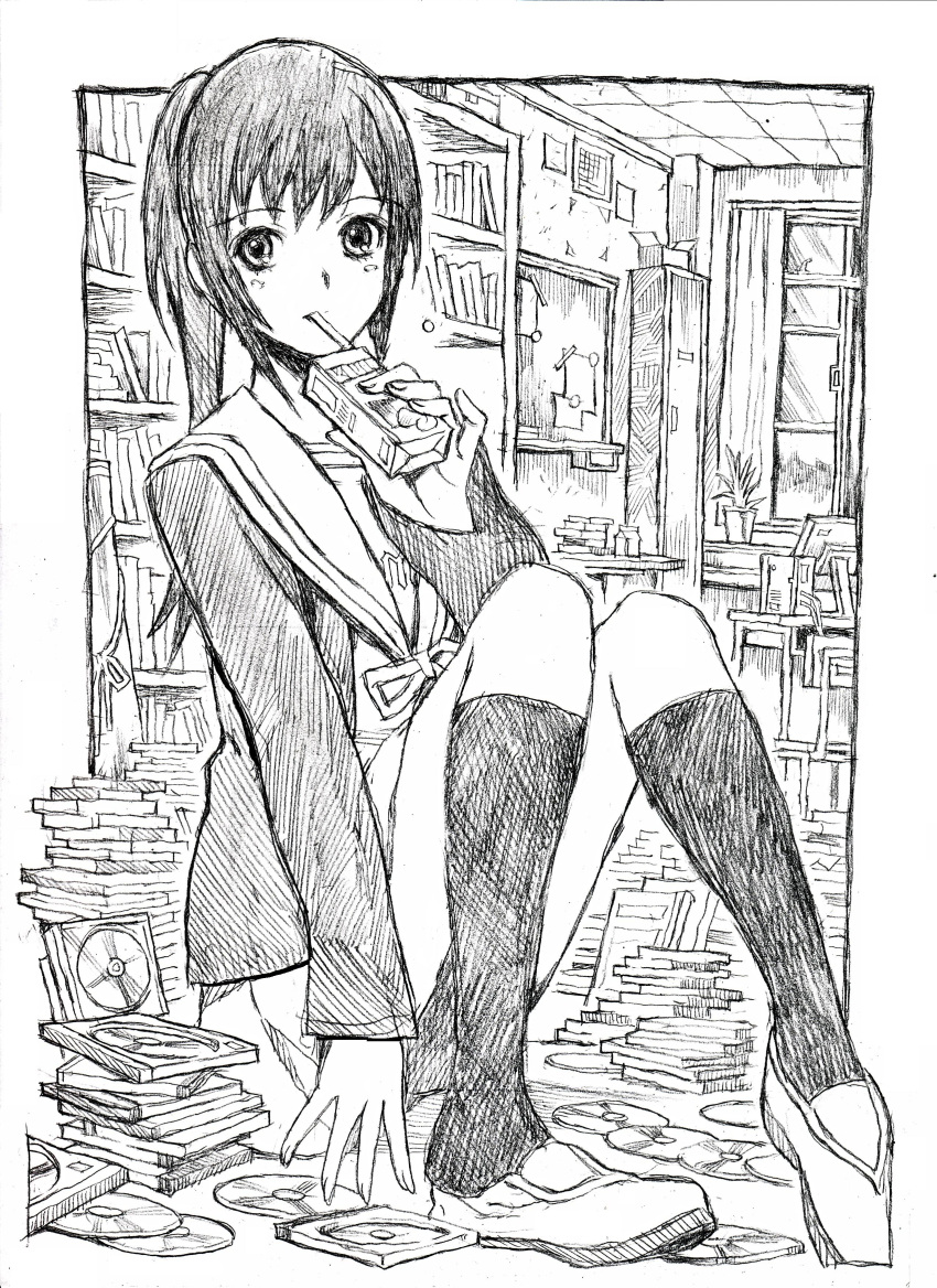 bad_id highres juice_box kyonko monochrome nobita sitting sketch suzumiya_haruhi_no_yuuutsu