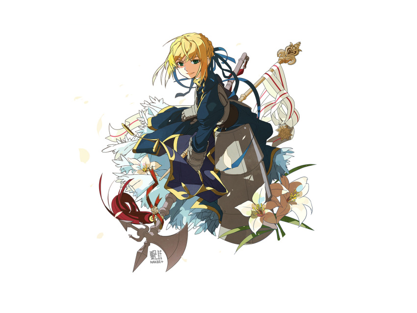 blonde_hair fate/stay_night fate_(series) flower gauntlets gloves green_eyes halberd lily lily_(flower) polearm ribbon saber simple_background sitting stare type-moon weapon white white_background
