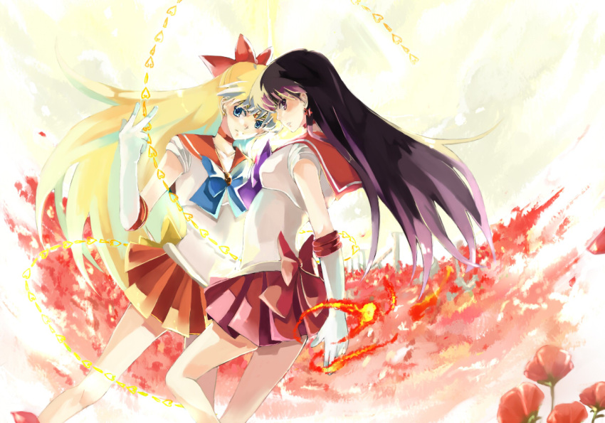 aino_minako bishoujo_senshi_sailor_moon black_hair blonde_hair bow choker earrings elbow_gloves fire flower gloves hair_bow heart hino_rei inner_senshi jewelry long_hair magical_girl miniskirt multiple_girls nako nako_(nonrain) sailor_mars sailor_senshi sailor_venus school_uniform serafuku skirt tiara