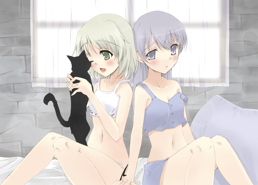 bed blue_eyes blush cat eila_ilmatar_juutilainen green_eyes highres lingerie long_hair multiple_girls sanya_v_litvyak short_hair strike_witches underwear