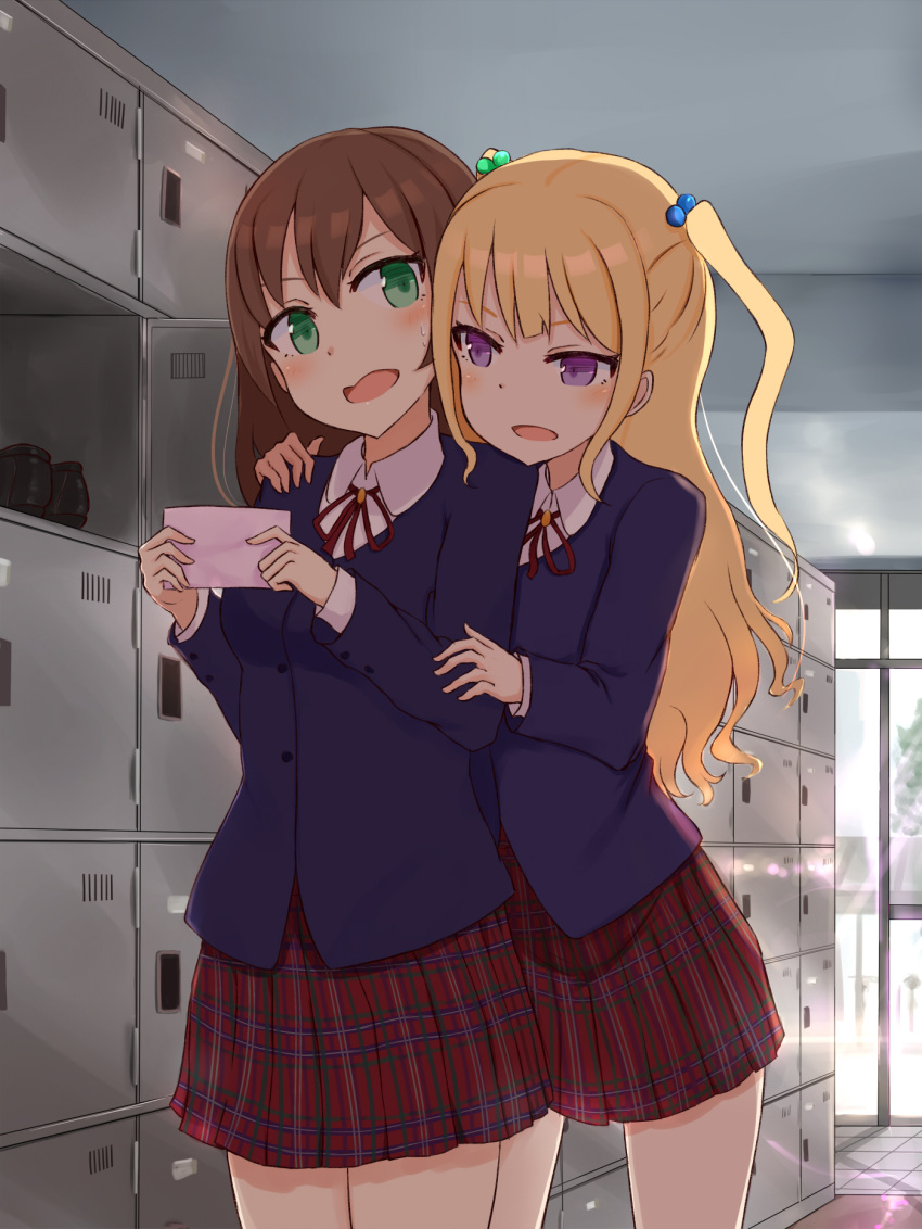 2girls blonde_hair brown_hair female from_behind green_eyes hair_bobbles hair_ornament hand_on_another's_shoulder highres indoors letter locker_room long_hair multiple_girls nagou_nono open_mouth original school_uniform shoes shoes_removed sunlight sweatdrop twintails violet_eyes