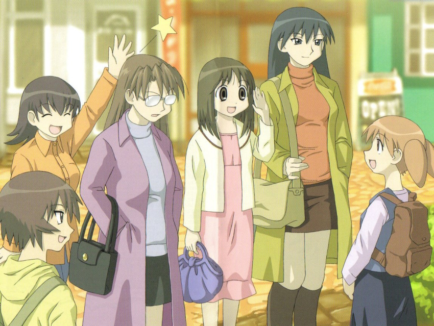 azumanga_daioh azumanga_daiou backpack bag black_hair brown_hair closed_eyes glasses jacket kagura kasuga_ayumu long_hair mihama_chiyo mizuhara_koyomi orange_hair sakaki short_hair skirt star takino_tomo twintails