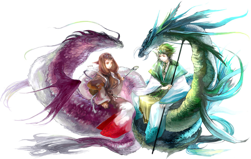 1boy 1girl artist_name brown_hair capelet dragon fangs fantasy green_hair holding holding_weapon icelog long_hair looking_at_another low_twintails monster original polearm red_eyes robe rod scales simple_background sitting smile staff tiara twintails weapon white_background