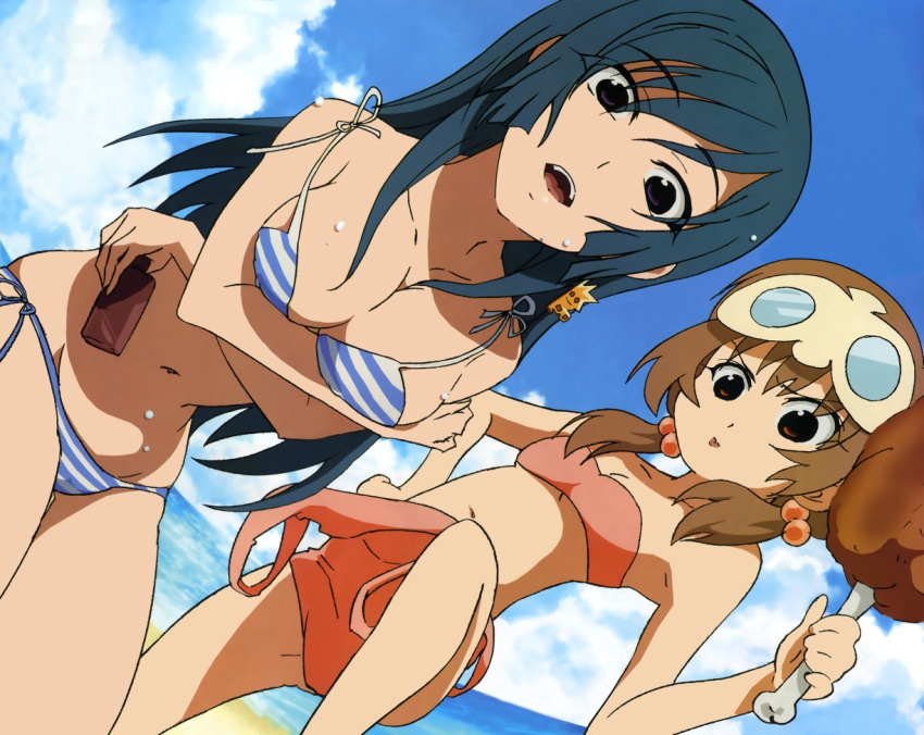 2girls :d :p age_difference armpits bandeau bangs bare_shoulders beach bent_over bikini blue_hair boned_meat bottle breast_hold breasts brown_hair casual_one-piece_swimsuit child cleavage clouds crossed_arms dutch_angle earrings flat_chest food goggles goggles_on_head groin hair_bobbles hair_ornament jewelry kotona_elegance large_breasts leaning_forward leg_lift long_hair lotion lowleg lowleg_bikini meat mound_of_venus multiple_girls official_art one-piece_swimsuit open_mouth outdoors re_mii red_eyes sakai_kyuuta short_hair short_twintails side-tie_bikini sideboob sky smile standing striped striped_bikini striped_swimsuit sunscreen swimsuit swimsuit_pull thigh_gap tongue tongue_out twintails violet_eyes wardrobe_malfunction water wet zoids zoids_genesis