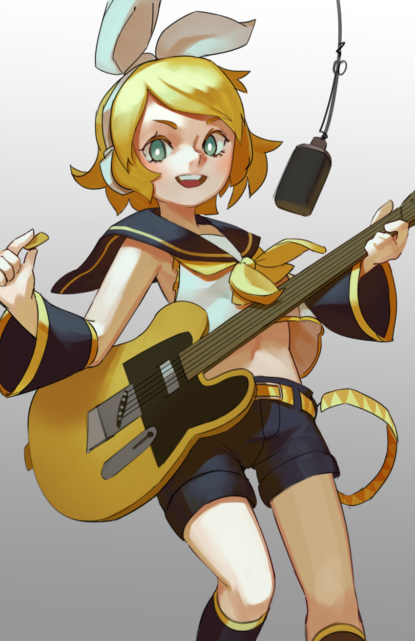 1girl absurdres aqua_eyes belt black_sailor_collar black_shorts blonde_hair bow bright_pupils feet_out_of_frame frills gradient gradient_background grey_background guitar hair_bow headphones highres instrument kagamine_rin microphone midriff navel neckerchief open_mouth sailor_collar shirt short_hair shorts sleeveless sleeveless_shirt smile solo topdylan vocaloid white_bow white_pupils yellow_neckwear