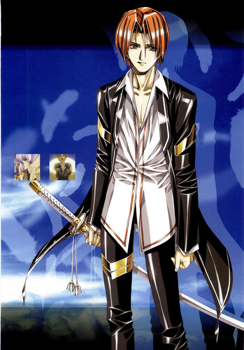 1boy 1girl absurdres arm_hug armlet bangs bishounen chest clenched_hand closed_eyes clouds collarbone collared_shirt crevaniel crevanille_(growlanser) crossed_arms d-ln feathers formal grey_eyes growlanser growlanser_iv highres holding holding_weapon jewelry letterboxed long_sleeves looking_at_viewer male_focus official_art open_mouth pants parted_bangs parted_lips redhead ribbon scan screencap sheath sheathed shiny shiny_clothes shiny_hair shirt short_hair silhouette sky smile solo_focus standing suit sword tassel tears thigh_strap thighlet urushihara_satoshi wayfarer_of_the_time weapon white_hair