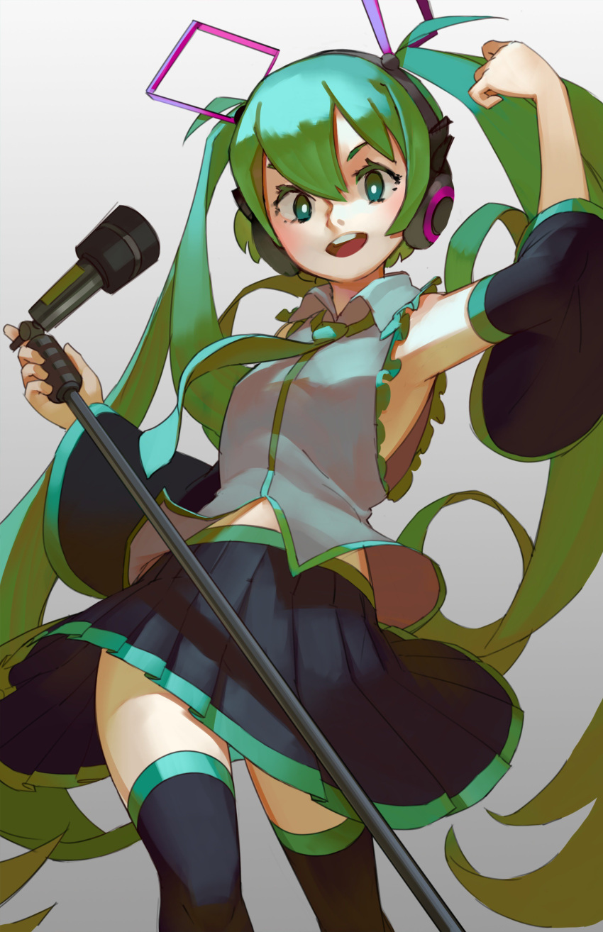 1girl absurdres aqua_eyes aqua_hair aqua_neckwear armpits black_legwear black_skirt bright_pupils detached_sleeves feet_out_of_frame frills-and-trash gradient gradient_background grey_background hair_between_eyes hand_up hatsune_miku headphones highres holding holding_microphone long_hair looking_at_viewer microphone necktie open_mouth pleated_skirt shirt skirt sleeveless sleeveless_shirt smile solo thigh-highs topdylan twintails very_long_hair vocaloid white_pupils zettai_ryouiki