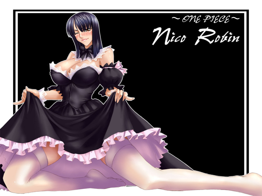 1girl black_background black_dress black_hair blush bow breasts character_name copyright_name dress huge_breasts kagami_hirotaka maid nico_robin one_eye_closed one_piece smile solo thigh-highs wallpaper wink