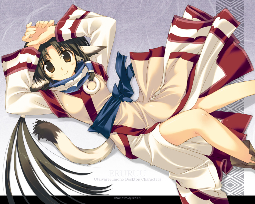 1girl amazuyu_tatsuki animal_ears arms_up bangs black_hair blush boots breasts brown_eyes character_name company_name copyright_name dated dog_ears dog_tail dutch_angle eruruw from_above gradient gradient_background grey_background hair_ornament hair_tubes hands_together japanese_clothes kimono light_smile long_hair long_sleeves looking_at_viewer low_ponytail lying official_art on_back parted_bangs sash shadow sidelocks small_breasts smile solo tail turtleneck utawareru_mono very_long_hair wallpaper wide_sleeves