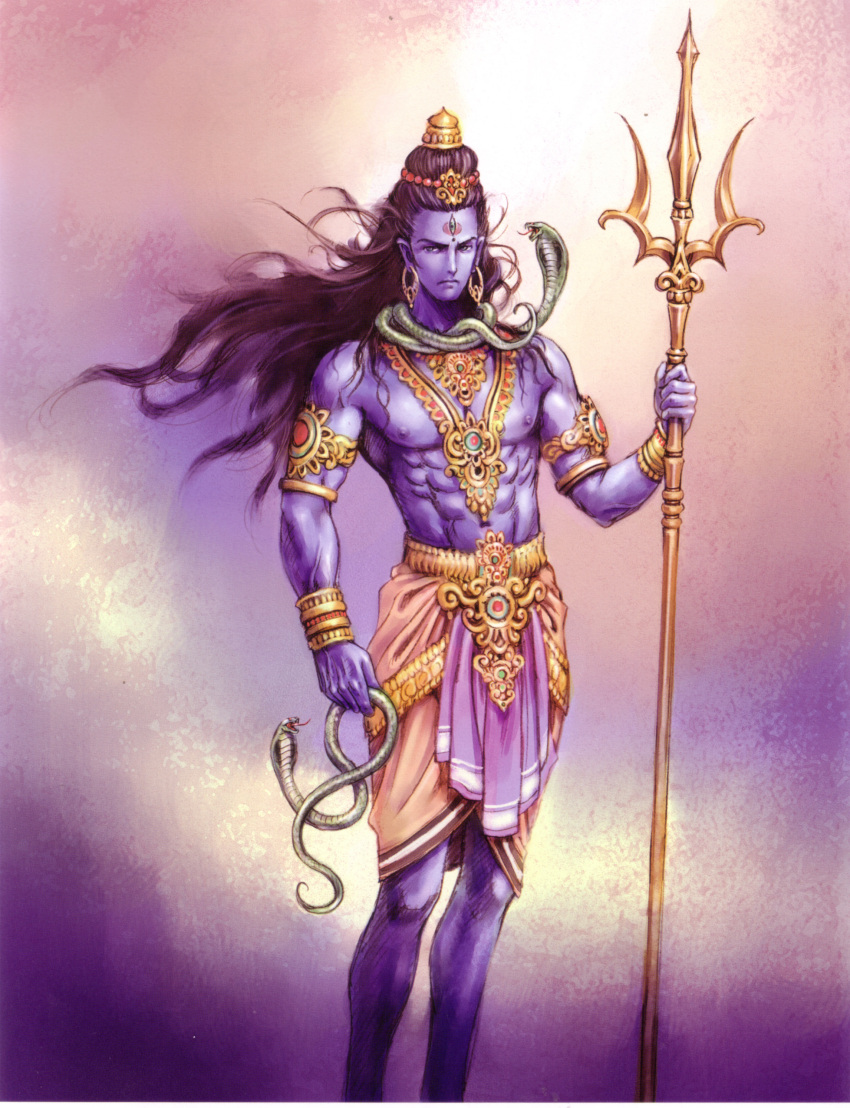 1boy abs absurdres biceps blue_skin highres hindu_mythology long_hair male_focus shiva snake solo staff toned yamashita_shun'ya