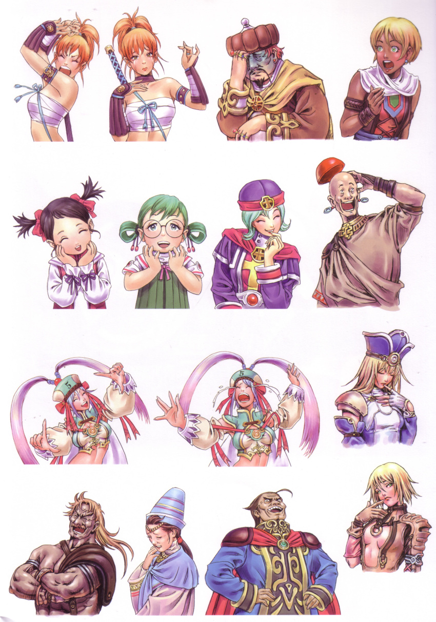 4boys 6+girls absurdres ahoge aqua_hair armband armlet armor armpits arms_up bald bandage black_hair blonde_hair blue_hair bow breasts bridal_gauntlets brown_hair center_opening child chin_rest choker circlet cleavage closed_eyes crossed_arms dark_skin detached_sleeves earrings everyone evil_grin evil_smile facepalm facial_hair fantasy finger_to_mouth fingerless_gloves flat_chest frown glasses gloves goatee green_hair grin hair_bow hands_on_hips happy hat head_tilt highres hoop_earrings jewelry laughing lips long_hair midriff multiple_boys multiple_girls muscle mustache no_bra open_mouth orange_hair outstretched_arms pink_hair pointing ponytail ring sarashi short_hair short_twintails smile spread_arms sword tears turtleneck twintails weapon wristband yamashita_shun'ya