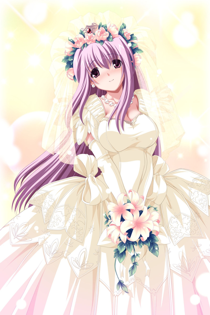 1girl absurdres bell_line_gown blush bouquet breasts bridal_veil bride crown dress flower game_cg hagall_valkyr hair_flower hair_ornament hat highres jewelry lily_(flower) long_hair necklace purple_hair shirogane_no_soleil solo tiara tsurugi_hagane v_arms veil violet_eyes wedding_dress yellow yellow_background yellow_dress