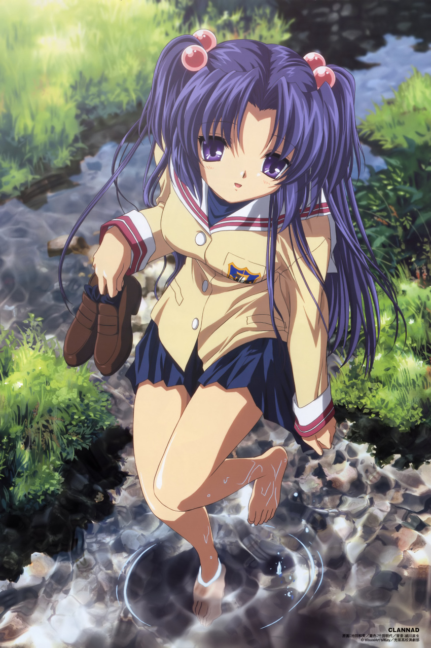 1girl absurdres barefoot blue_hair clannad feet grass hair_bobbles hair_ornament highres holding holding_shoes ichinose_kotomi ikeda_kazumi loafers long_hair official_art school_uniform shoes soaking_feet solo two_side_up water