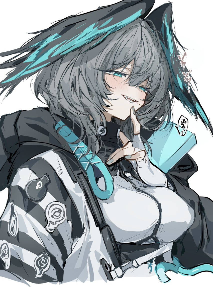 1girl aqua_eyes aqua_wings arknights black_wings blush breasts commentary_request cropped_torso fangs finger_to_own_chin fingerless_gloves gloves grey_hair head_wings highres ho'olheyak_(arknights) hood hood_down hooded_coat large_breasts long_sleeves looking_down medium_hair multicolored_wings na_tarapisu153 open_mouth simple_background smile solo speech_bubble translation_request upper_body white_background white_gloves wings