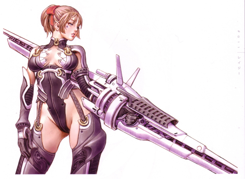 1girl armor bangs bare_shoulders blue_eyes bow breasts breasts_apart brown_hair character_name cleavage cleavage_cutout contrapposto cowboy_shot elbow_gloves facial_mark finger_on_trigger garter_straps gloves groin gun hair_bow hair_ribbon half-closed_eyes hand_on_own_thigh high_ponytail highleg highleg_leotard highres hips holding holding_gun holding_weapon huge_weapon lazy_(yamashita_shun'ya) leotard looking_to_the_side original parted_bangs parted_lips ponytail red_bow red_ribbon ribbon scan short_hair short_ponytail skindentation solo standing star thigh-highs turtleneck weapon yamashita_shun'ya