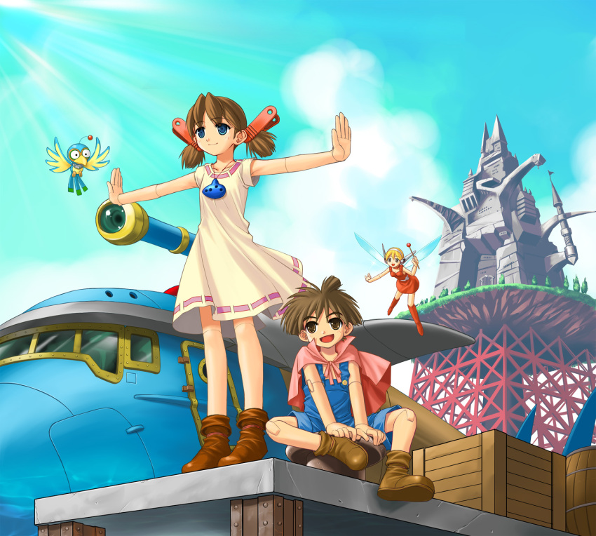 1boy 2girls :d animal armpit_hair bare_shoulders bird blue_eyes blue_sky brown_eyes brown_hair clouds day dress full_body highres humanoid_robot josette multiple_girls open_mouth outdoors outstretched_arms pier pino_(wonder_project) robot robot_boy robot_girl robot_joints saitou_tsukasa sitting sky smile spread_arms square_enix standing surprised wonder_project_j2