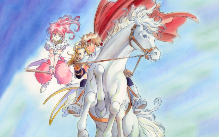 1boy 2girls 90s arche_klein armor blonde_hair boots broom brown_hair cape cless_alvein elbow_gloves fujishima_kousuke gloves hat headband highres horse long_hair mint_adenade multiple_girls official_art pink_hair reins sleipnir tales_of_(series) tales_of_phantasia violet_eyes wallpaper