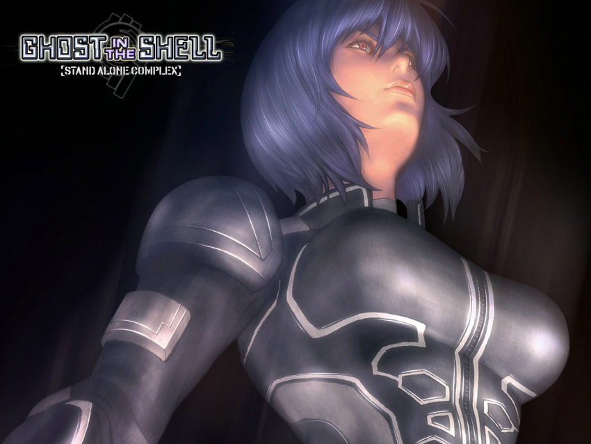 1girl 3d brown_eyes cyberpunk cyborg female from_below ghost_in_the_shell ghost_in_the_shell_stand_alone_complex highres kusanagi_motoko lips purple_hair science_fiction short_hair solo wallpaper