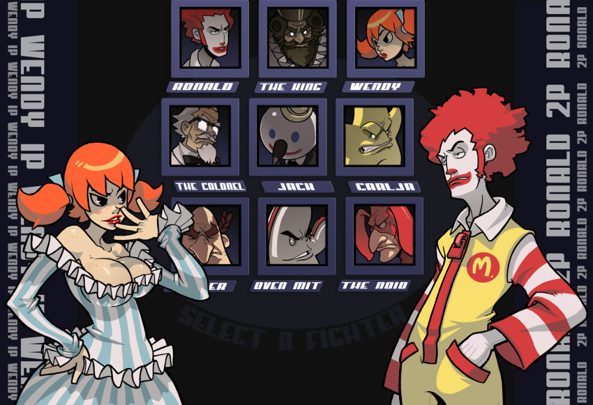 1girl 6+boys afro arby's breasts burger_king carl's_jr. character_select colonel_sanders domino's_pizza douglas_harvey dress epic fake_screenshot fast_food fighting_game glasses jack_box jack_in_the_box kfc little_caesar little_caesars mcdonald's multiple_boys oven_mit_(arby's) parody ronald_mcdonald the_king the_noid wendy's wendy_(wendy's)