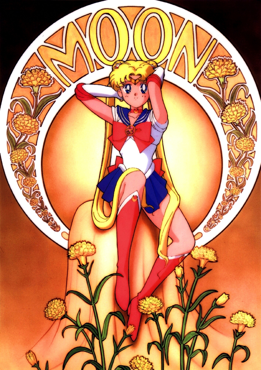 1girl 90s arms_up art_nouveau bishoujo_senshi_sailor_moon blonde_hair blue_eyes blue_skirt boots bow character_name choker chrysanthemum circlet double_bun earrings elbow_gloves flower full_body gloves highres jewelry knee_boots long_hair magical_girl official_art red_boots red_bow sailor_moon scan scan_artifacts school_uniform serafuku skirt solo tadano_kazuko tiara tsukino_usagi twintails very_long_hair white_gloves yellow yellow_background