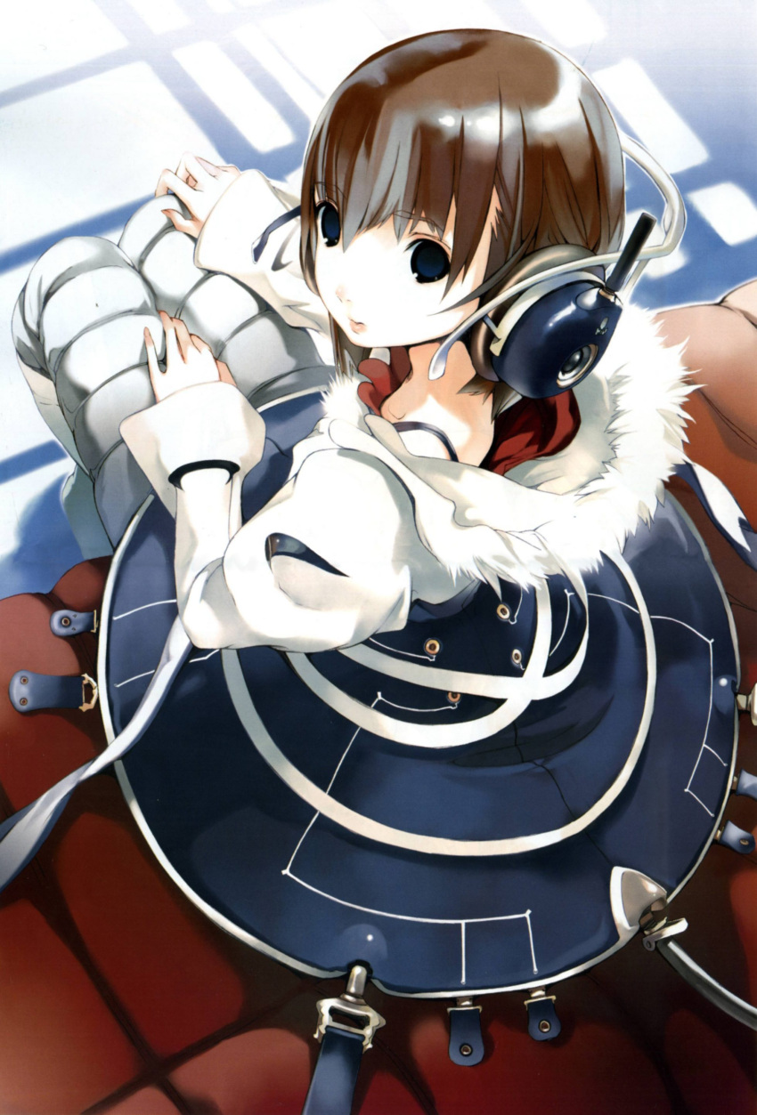 1girl absurdres blue_eyes boots brown_hair female from_above fur girl's_avenue headphones highres houden_eizou knee_boots looking_back looking_up megami short_hair sitting skirt solo