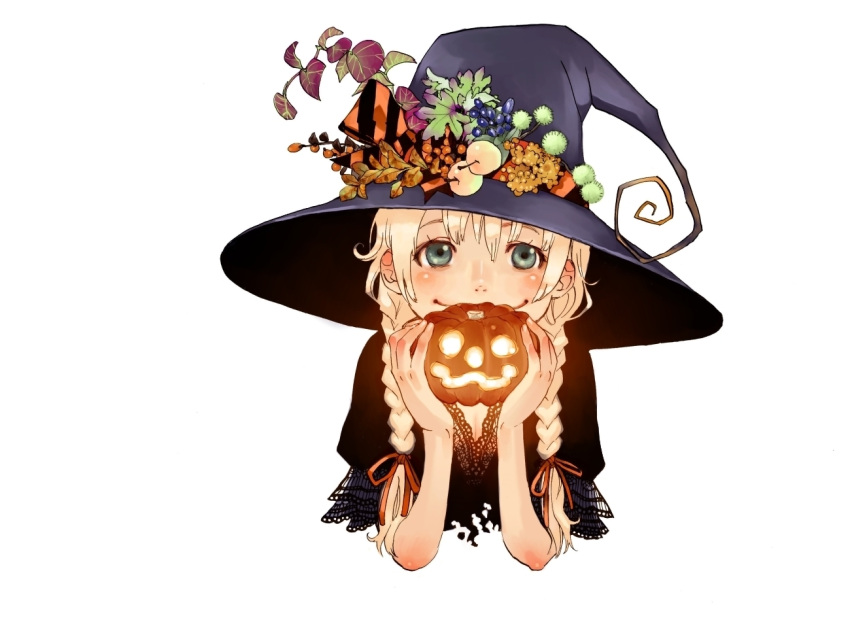 1girl halloween hands hat kazue_kato original smile solo witch_hat