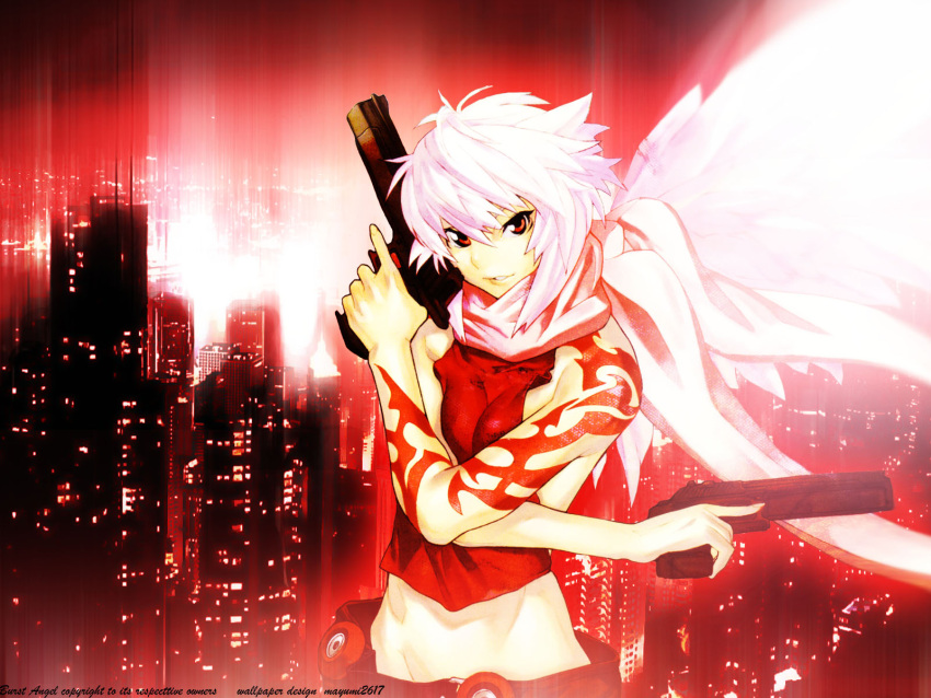 00s 1girl backlighting bakuretsu_tenshi breast_press breasts building cityscape crossed_arms dual_persona gun hakua_ugetsu handgun highres holding holding_gun holding_weapon jo jo_(bakuretsu_tenshi) looking_at_viewer medium_breasts pistol red_eyes red_shirt scarf shirt single_wing skyscraper solo tattoo upper_body weapon white_hair white_wings wings