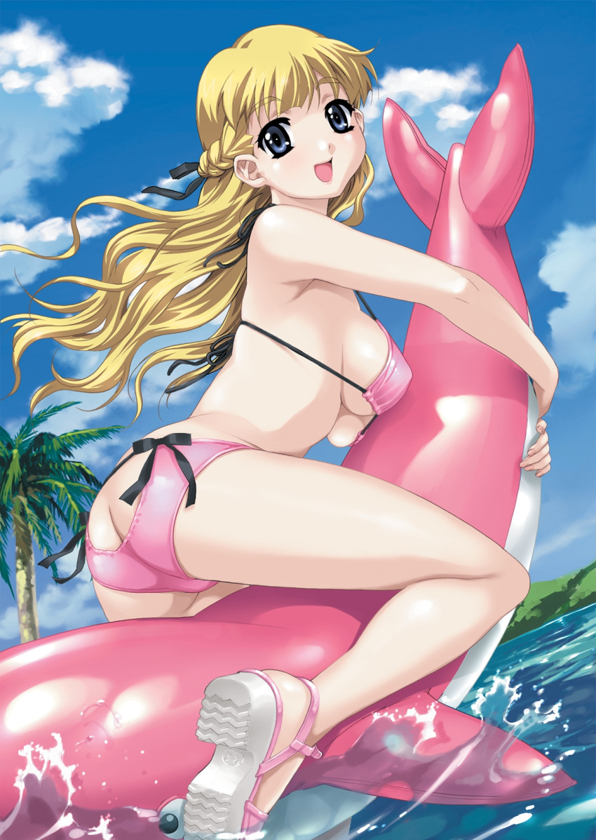 1girl :d ass bikini blonde_hair blue_eyes braid breasts butt_crack clouds dolphin game_cg happoubi_jin highres inflatable_dolphin inflatable_toy long_hair open_mouth palm_tree pink pink_dolphin resort_boin ribbon sky smile solo swimsuit tree tsukushino_mitsugu under_boob water