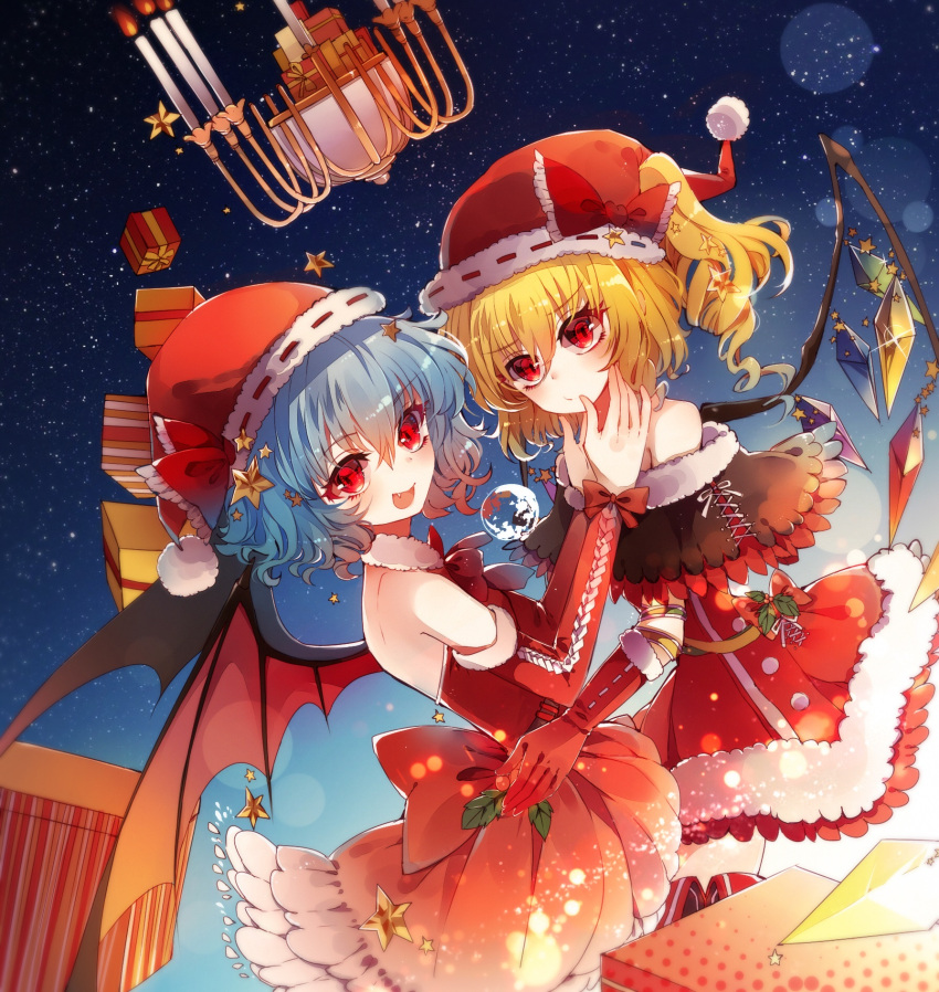 &gt;:/ 2girls ;d alternate_costume alternate_headwear baocaizi bare_shoulders bat_wings blonde_hair blue_hair blush bow box chandelier christmas crystal detached_sleeves dress fang flandre_scarlet from_side fur_trim gift gift_box gloves hat hat_bow highres looking_at_viewer looking_to_the_side multiple_girls off-shoulder_dress off_shoulder one_eye_closed open_mouth red_bow red_dress red_eyes red_gloves remilia_scarlet santa_costume santa_hat siblings sisters smile star touhou wings