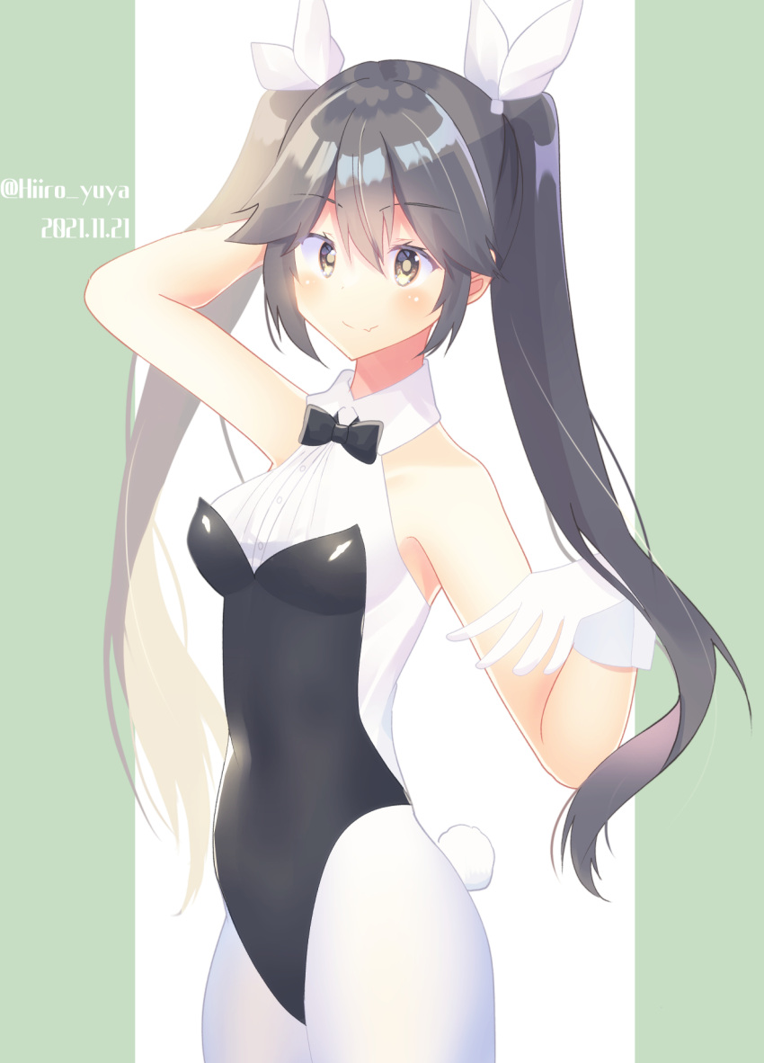 1girl alternate_costume animal_ears black_leotard bow bowtie brown_eyes cowboy_shot dated grey_hair highres hiiro_yuya kantai_collection leotard long_hair looking_at_viewer pantyhose playboy_bunny rabbit_ears rabbit_tail sleeveless solo tail twintails twitter_username white_legwear wrist_cuffs zuikaku_(kancolle)