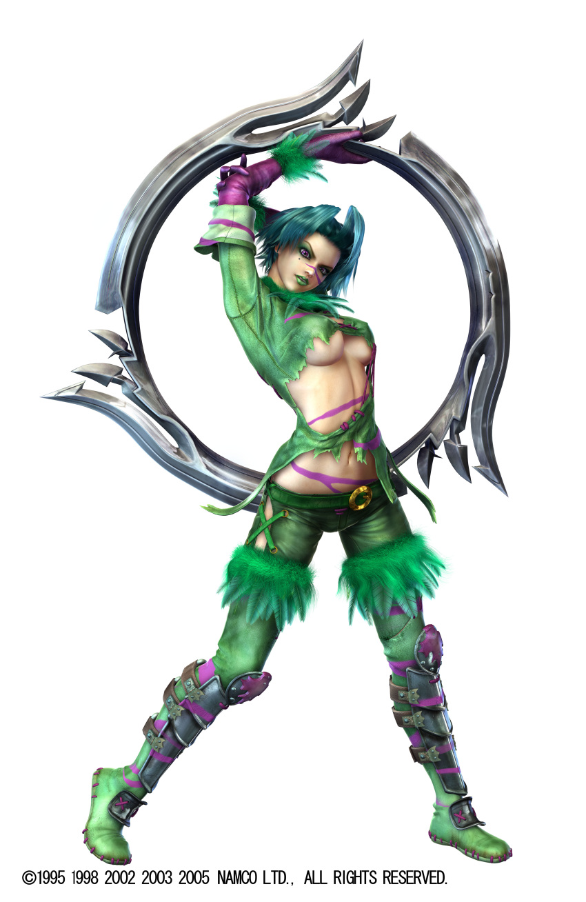 00s 1995 1998 1girl 2002 2003 2005 3d 90s absurdres arms_up bangs belt blue_hair bodypaint boots breasts breasts_apart chakram company_name cross-laced_clothes dated elbow_gloves eyelashes eyeshadow facepaint facial_mark feathers full_body fur_trim gloves green_boots green_lipstick head_tilt highres holding holding_arm holding_weapon huge_weapon jewelry kawano_takuji large_breasts leather leather_pants legs_apart lipstick looking_at_viewer makeup midriff mole mole_under_eye navel no_bra pants parted_lips purple_gloves revealing_clothes ring shin_guards short_hair simple_background sleeves_folded_up solo soul_calibur soulcalibur_iii standing thigh-highs thigh_boots tira_(soulcalibur) torn_clothes under_boob violet_eyes weapon white_background