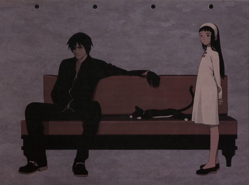 1boy 1girl :o animal arms_behind_back black_cat black_eyes black_gloves black_hair black_pants black_shoes cat closed_mouth couch dress futurhythm gloves hairband hand_in_pocket hand_on_own_arm highres long_sleeves murata_renji outstretched_arm pants shoes sitting standing straight_hair turtleneck white_dress zipper