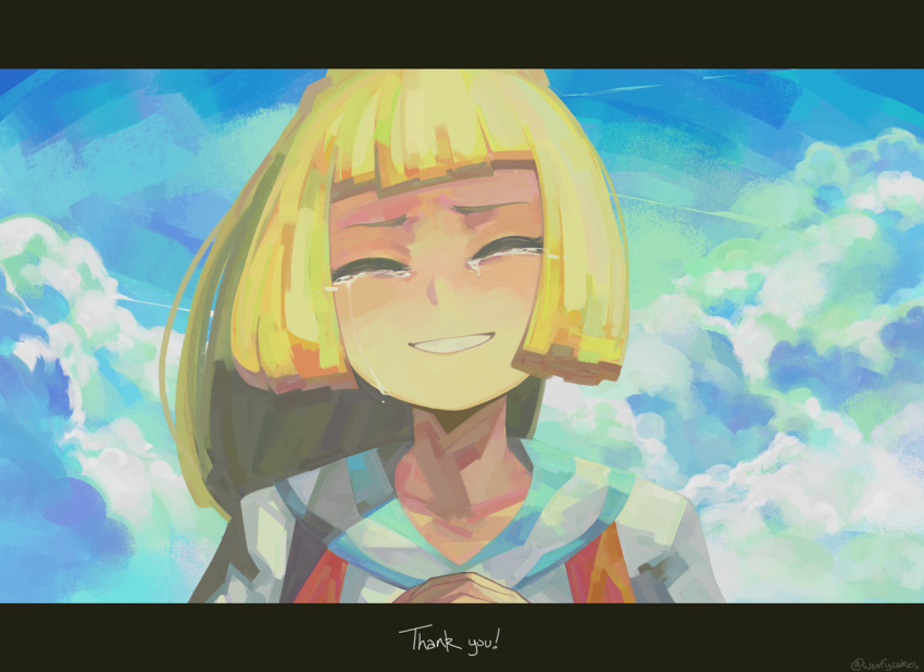 1girl bangs blonde_hair blue_sky blunt_bangs closed_eyes clouds cloudy_sky crying eric_muentes lillie_(pokemon) long_hair outdoors pokemon pokemon_(game) pokemon_sm ponytail shirt short_sleeves sky smile solo spoilers streaming_tears tears thank_you upper_body white_shirt