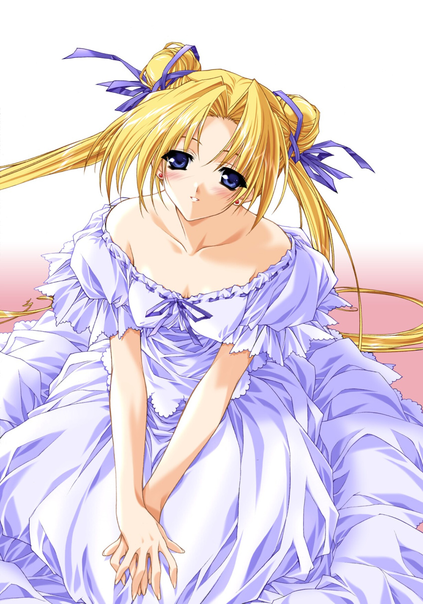 1girl 90s bare_shoulders bishoujo_senshi_sailor_moon blonde_hair blue_bow blue_eyes blush bow breasts collarbone double_bun dress erect_nipples highres parted_lips sitting small_breasts smile solo suzuhira_hiro tsukino_usagi twintails white_dress