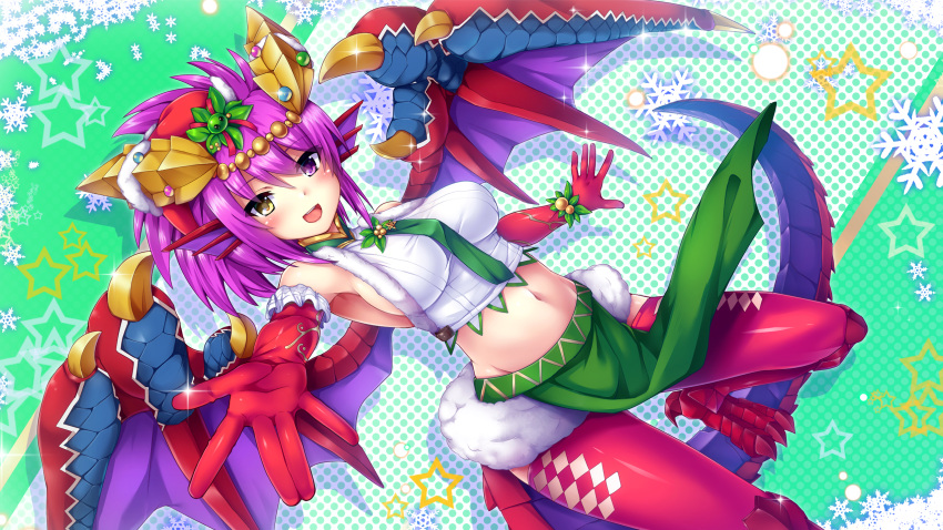 1girl bare_shoulders breasts christmas claws dragon_girl dragon_horns dragon_tail dragon_wings elbow_gloves fur_trim gloves hair_ornament head_fins heterochromia highres horns looking_at_viewer midriff navel necktie outstretched_arms pelvic_curtain purple_hair puzzle_&amp;_dragons red_gloves red_legwear samoore shadow shirt sideboob snowflakes solo sonia_(p&amp;d) star tail taut_clothes taut_shirt thigh-highs violet_eyes wings yellow_eyes